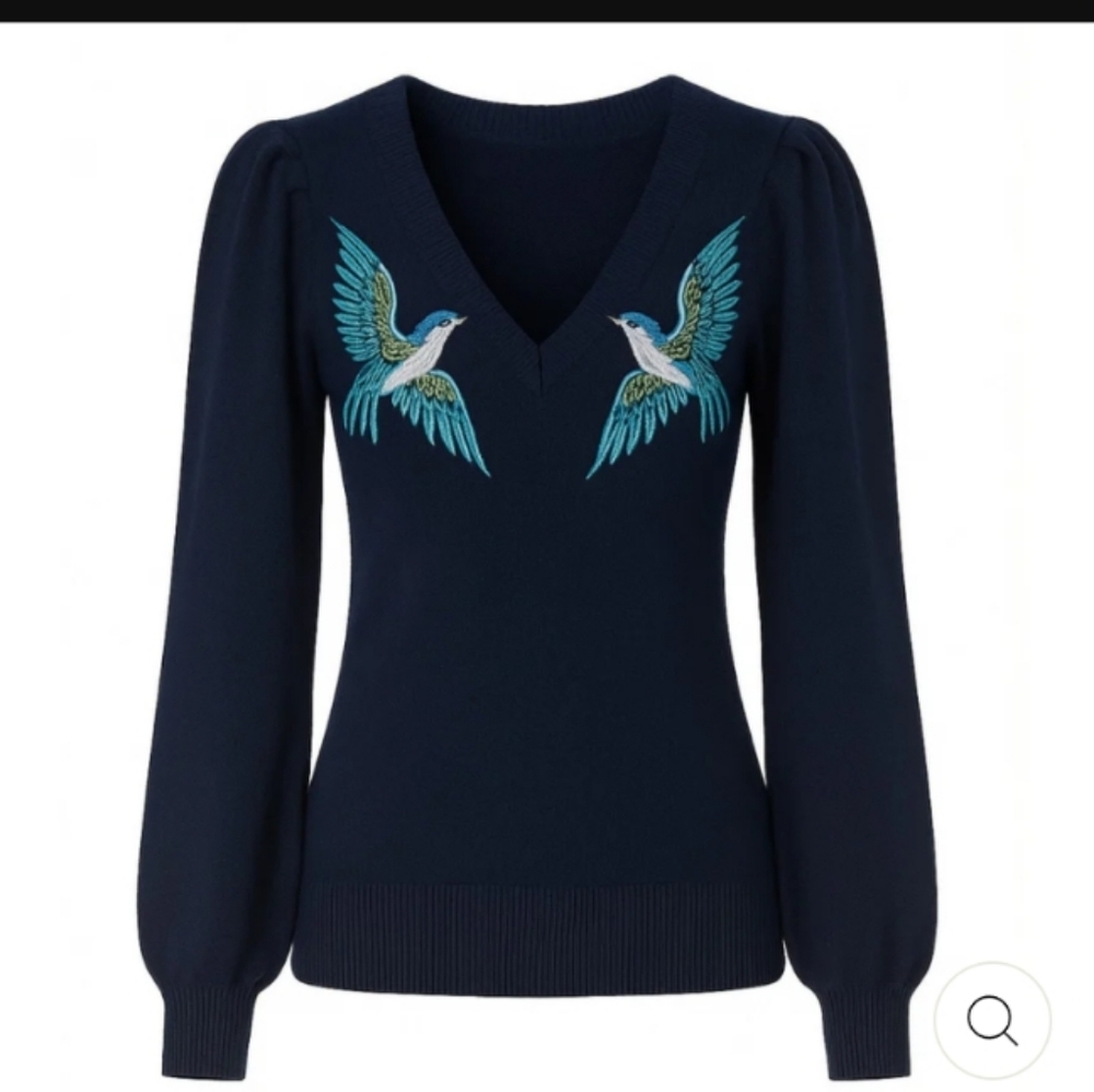 OXKnit Women's Navy V-Neck Sweater Blue Bird Embroidery  (US 16)